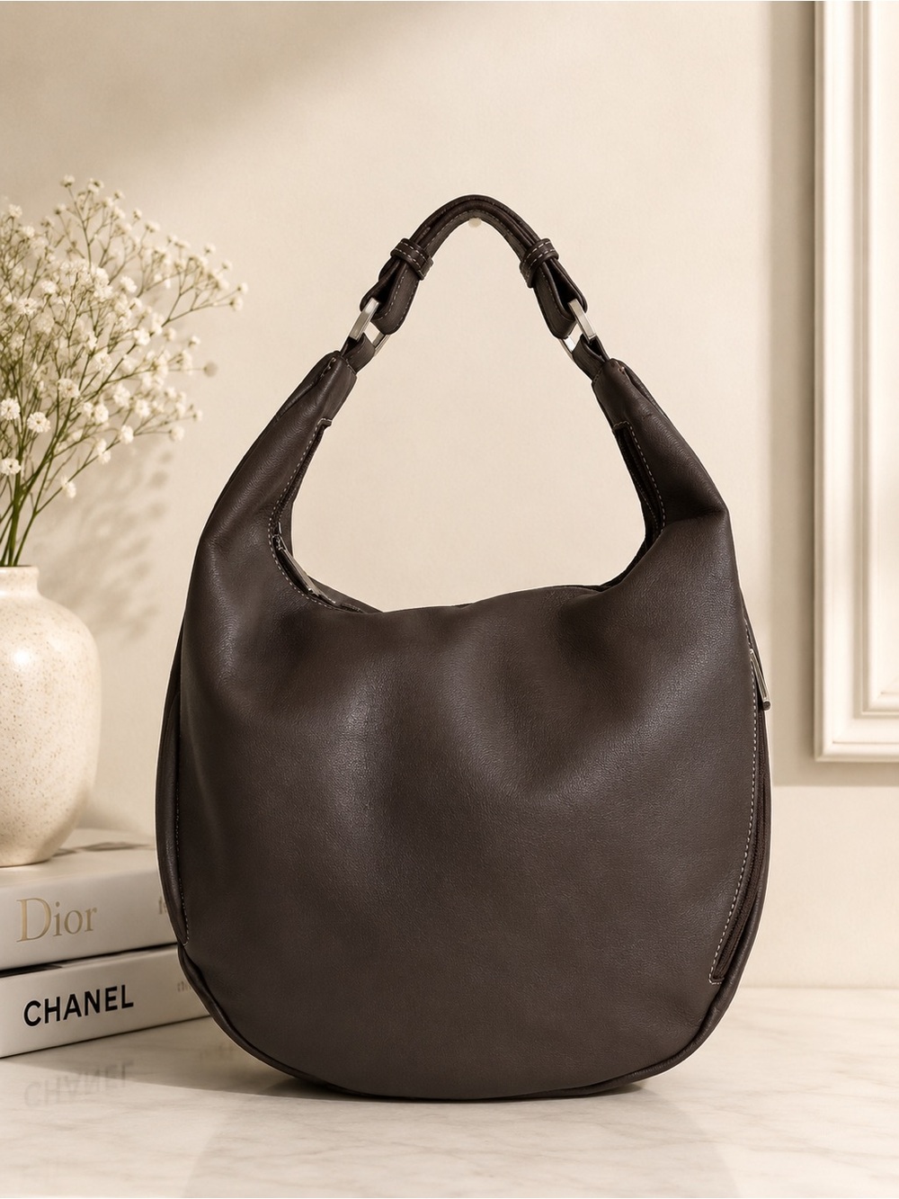 Sabrina Gray Leather Hobo Shoulder Bag Slouchy Everyday Purse